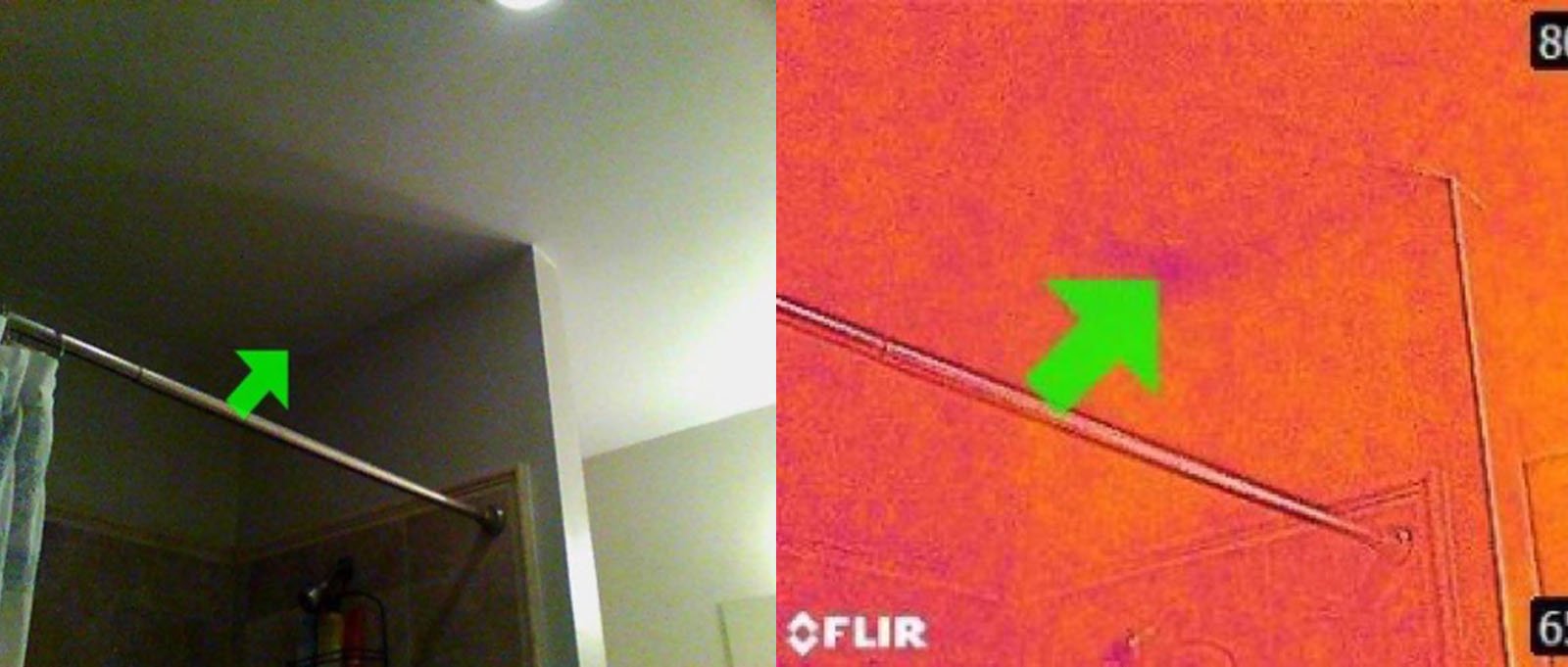 Side-by-side photo of a thermal imaging inspection showing a hidden bathtub leak.