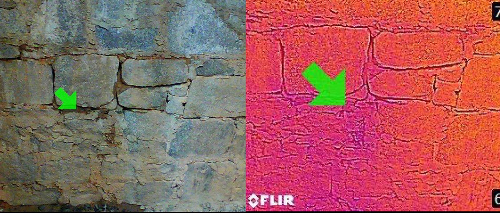 Side-by-side photo of a thermal imaging scan showing water intrusion in a cinder block basement wall.