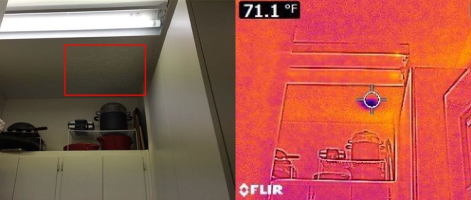 Side-by-side photo of a thermal imaging home inspection detecting a hidden plumbing leak.