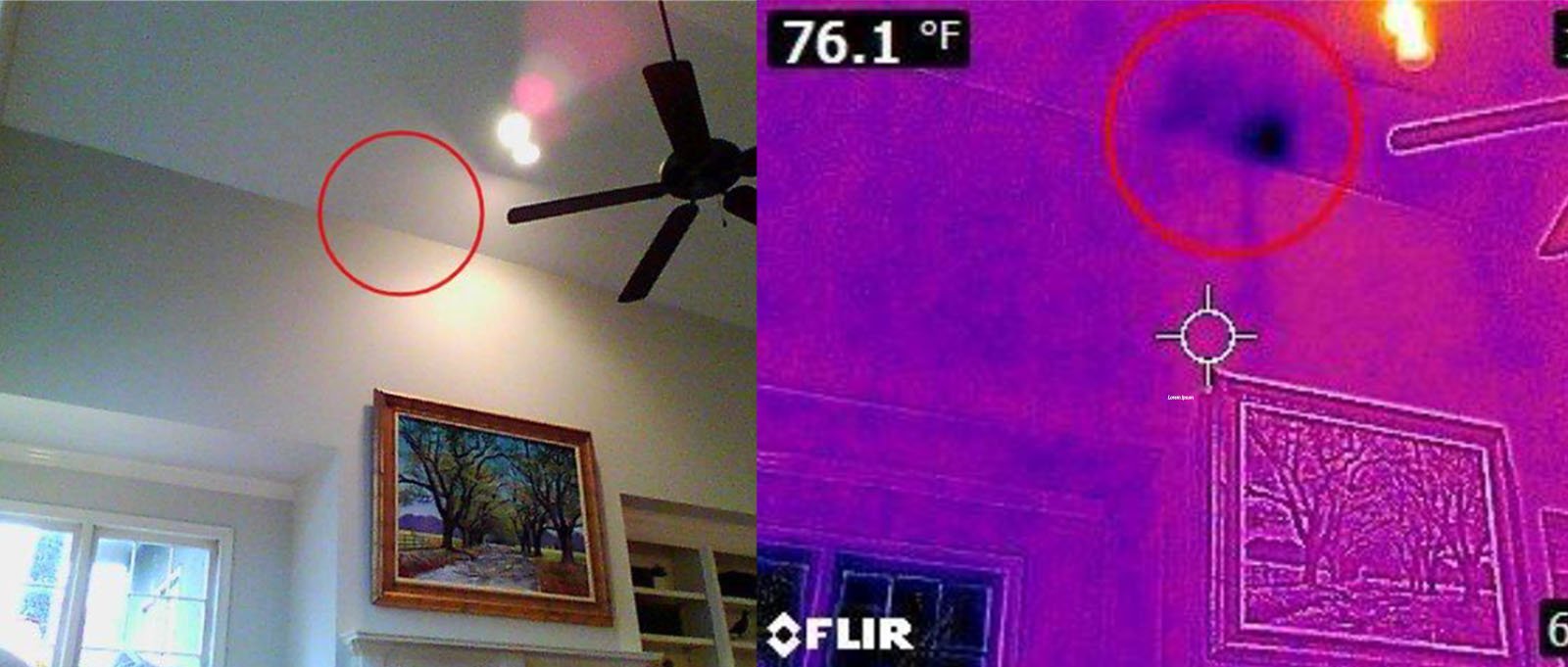 Side-by-side photo with a thermal imaging scan detecting moisture where a chimney meets the wall and roofline.